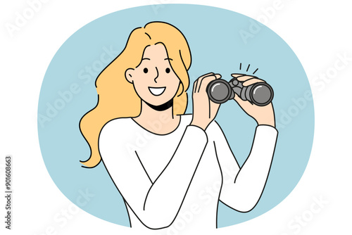 Woman with binoculars smiles and looks into camera, showing curiosity and eagerness to learn new facts. Binoculars as metaphor for long-term planning or development of strategic thinking
