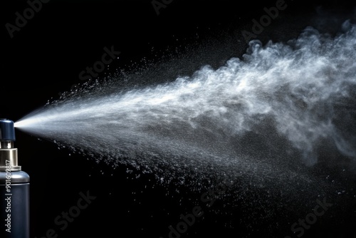 Close-up of spray mist of aerosol jet splash on black background, realistic effect, showcasing atomizer sprayer mist of water spray mist in air steam. photo