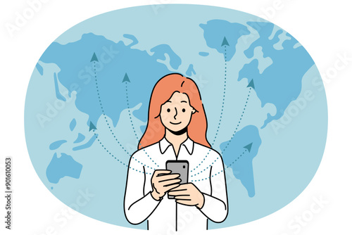 Woman with phone uses 5G technology standing near world map and exchanging information with international servers. Girl with smartphone is addicted to surfing net thanks to fast 5G connection