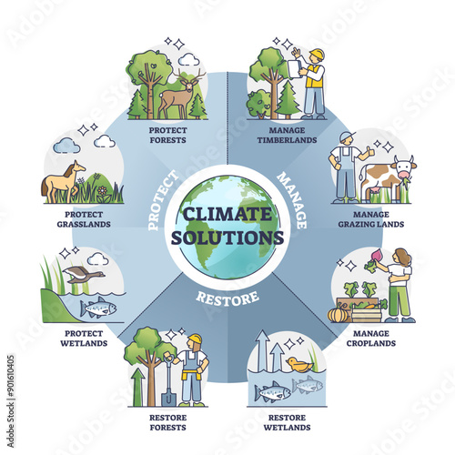 Climate solutions to protect nature and save environment outline diagram, transparent background.Collection with suggested actions to preserve planet from global warming illustration.