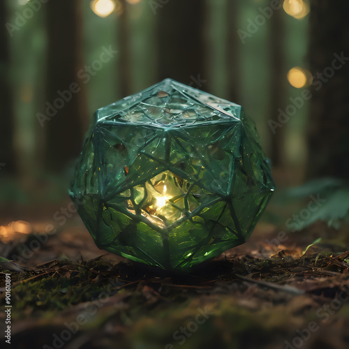 a green glass object that is sitting on the ground photo