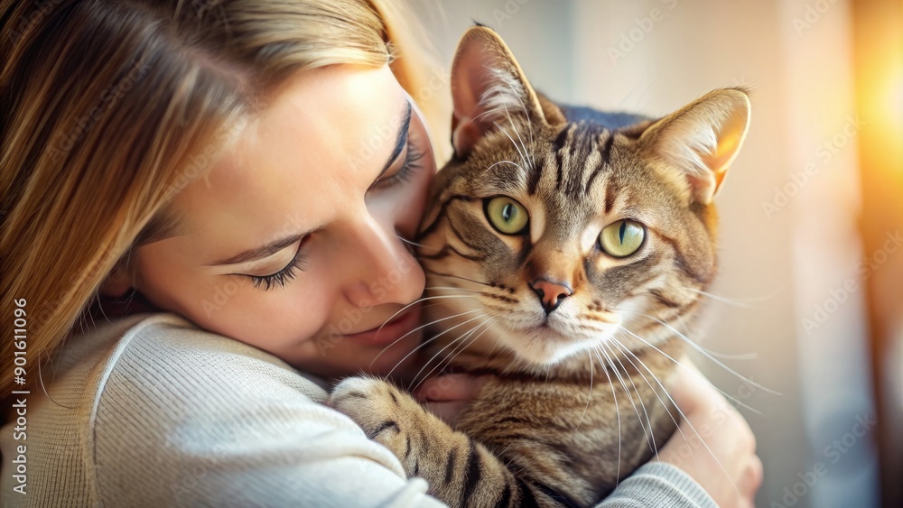 Affectionate close-up of a warm embrace between a gentle woman and her beloved tabby cat, surrounded by soft natural light and comforting atmosphere. Affectionate close-up of a warm embrace between a gentle woman and her beloved tabby cat, surrounded by soft natural light and comforting atmosphere.