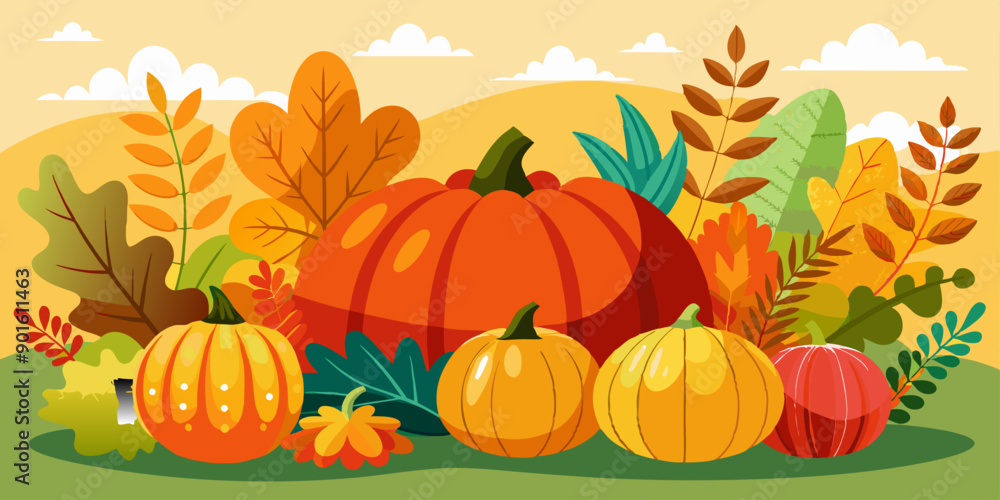 Ilustración de calabazas en un entorno otoñal, rodeadas de hojas y vegetación de colores cálidos bajo un cielo despejado. Ilustración de calabazas en un entorno otoñal, rodeadas de hojas y vegetación de colores cálidos bajo un cielo despejado.