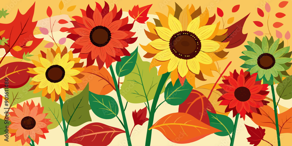 Ilustración colorida de girasoles y hojas otoñales en tonos cálidos, creando una escena vibrante y alegre