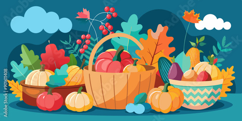 Colorida ilustración de cestas con frutas y verduras otoñales, rodeadas de hojas y bayas, en un entorno alegre.