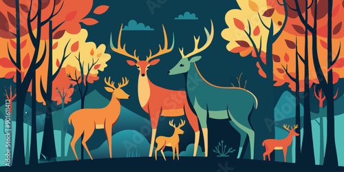 Ilustración de una familia de ciervos en un bosque otoñal, rodeada de árboles de tonos cálidos y vibrantes.