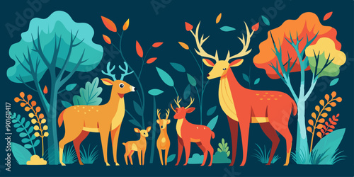  Ilustración de una familia de ciervos en un entorno otoñal, rodeada de árboles y hojas caídas en un paisaje de colores vibrantes.