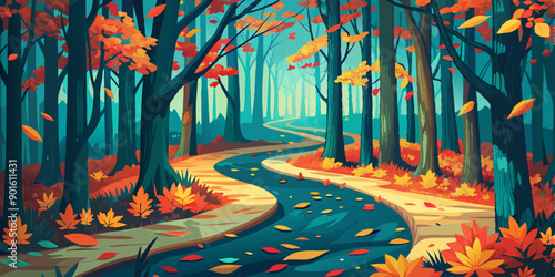  Ilustración de un camino sinuoso en un bosque otoñal, con hojas de colores cayendo suavemente al suelo.