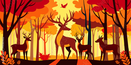 Ilustración de un grupo de ciervos en un bosque otoñal, con tonos cálidos y vibrantes en el paisaje.