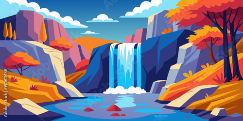 Ilustración de una cascada rodeada de árboles otoñales y montañas, con un cielo azul brillante.