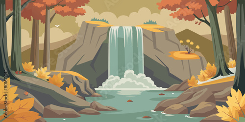 Ilustración de una cascada en un entorno otoñal, con árboles de hojas doradas y marrones alrededor.
