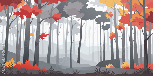  Ilustración de un bosque en tonos grises y rojos, con niebla cubriendo el paisaje y hojas caídas en el suelo.
