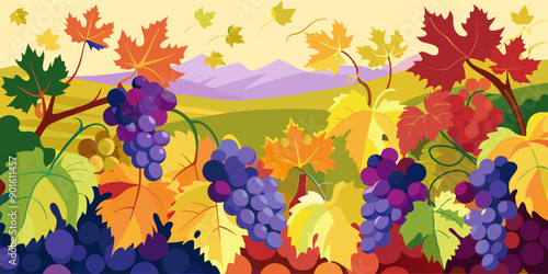 Ilustración de viñedos en otoño, con racimos de uvas moradas y amarillas enmarcando un paisaje montañoso.