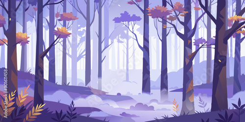  Ilustración de un bosque con árboles altos en tonos morados y rosados, cubierto de niebla, creando una atmósfera de ensueño.