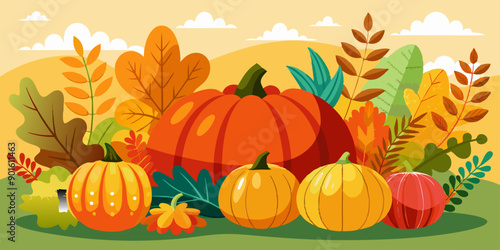 Ilustración de calabazas en un entorno otoñal, rodeadas de hojas y vegetación de colores cálidos bajo un cielo despejado.