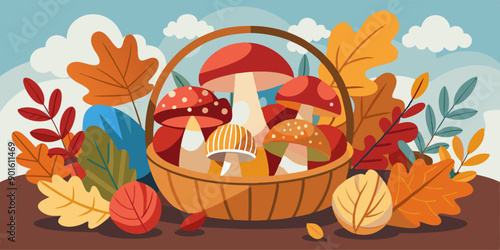 A wicker basket filled with different types of mushrooms, surrounded by autumn leaves and colorful foliage, under a partly cloudy sky.