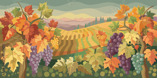 Ilustración de un viñedo en otoño, con hojas de colores otoñales y racimos de uvas maduras rodeando colinas y campos.