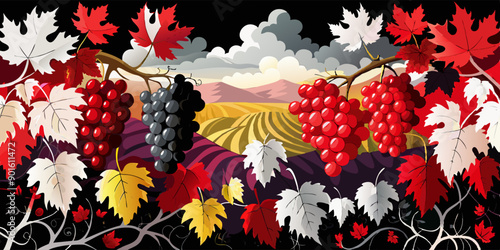 Ilustración de un viñedo con racimos de uvas rojas y negras enmarcando un paisaje de colinas y campos bajo un cielo nublado. photo