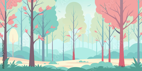 Ilustración de un paisaje de bosque en tonos pastel, mostrando árboles altos con hojas de colores suaves y un cielo despejado, creando una atmósfera tranquila y serena.