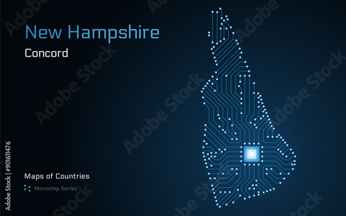 New Hampshire Map with a capital of Concord Shown in a Microchip Pattern. E-government. United States vector maps. Microchip Series	
