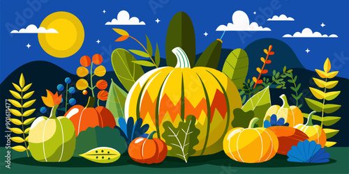 Ilustración de calabazas en un campo, con vegetación colorida y colinas en el fondo, todo bajo un cielo nocturno iluminado por la luna. photo