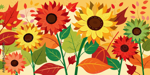 Ilustración colorida de girasoles y hojas otoñales en tonos cálidos, creando una escena vibrante y alegre