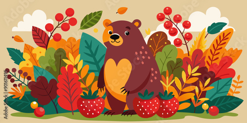 Ilustración de un oso marrón rodeado de hojas otoñales y bayas rojas, creando una escena encantadora y cálida.