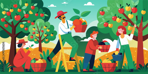 Grupo de personas recolectando frutas en un huerto otoñal, con escaleras y cestas llenas de manzanas, rodeados de árboles con frutas maduras.
