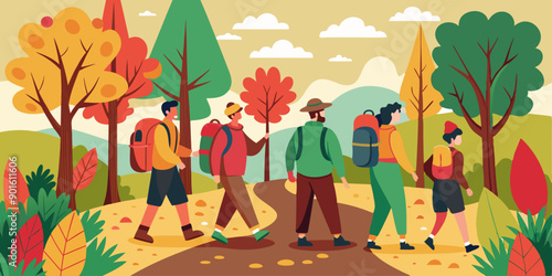 Cinco excursionistas caminando por un sendero en el bosque otoñal, rodeados de árboles con hojas de colores cálidos, disfrutando de un paseo en la naturaleza.