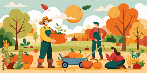 Agricultores trabajando en la cosecha de calabazas en un campo otoñal, con carretillas y varias calabazas listas para ser recogidas bajo un cielo soleado.