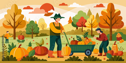 Dos agricultores cosechando calabazas en un paisaje otoñal, llenando carretillas con calabazas grandes mientras el sol brilla a través de los árboles coloridos.