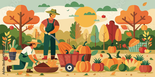 Dos agricultores trabajando en la cosecha de calabazas en un campo otoñal, rodeados de árboles coloridos y usando carretillas para transportar las calabazas.