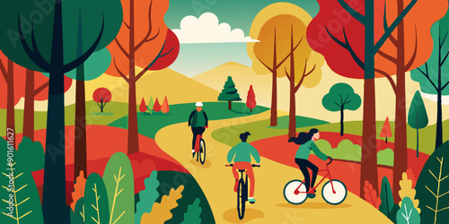 Tres personas disfrutando de un paseo en bicicleta por un sendero en el bosque durante el otoño, rodeados de árboles coloridos y paisajes naturales vibrantes.