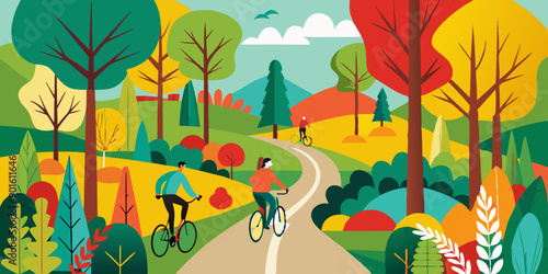 Grupo de personas montando en bicicleta a través de un vibrante bosque otoñal con árboles de colores cálidos, disfrutando de un paseo por la naturaleza.