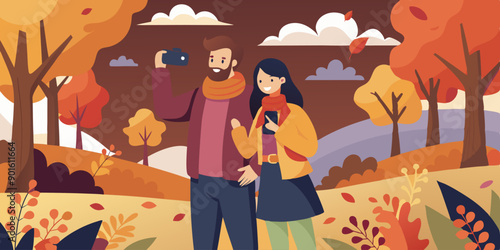 Pareja tomándose selfies en un parque otoñal rodeado de árboles con hojas anaranjadas y rojas, disfrutando del aire libre y capturando momentos.