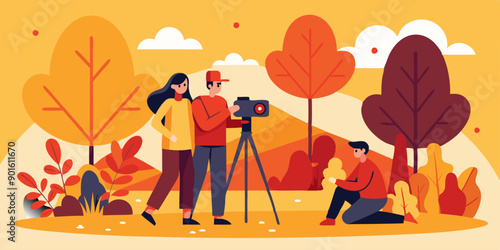Dos personas usando una cámara y trípode en un parque otoñal, capturando fotografías de la naturaleza mientras otra persona observa. El paisaje tiene árboles coloridos y cielos despejados.