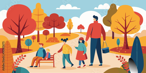 Familia disfrutando de un paseo otoñal por el parque, con árboles llenos de hojas coloridas. Varios niños y adultos se relacionan mientras caminan por el sendero.