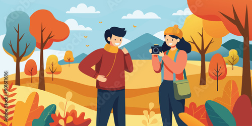 Pareja disfrutando de un paseo otoñal, con una mujer tomando fotos mientras el hombre posa, rodeados de un paisaje colorido.