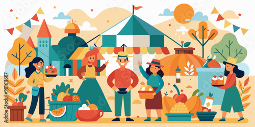  Ilustración de una feria otoñal con personas disfrutando de actividades al aire libre. El ambiente está decorado con calabazas, frutas y verduras, y se ven tiendas y banderines en el fondo.