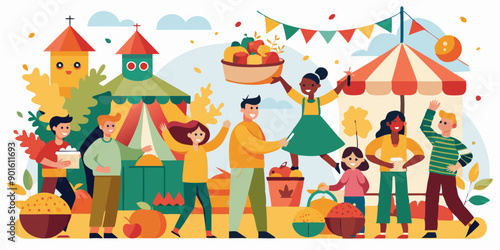 A lively autumn festival with people enjoying various activities, carrying baskets of fruit, and celebrating under colorful banners and tents.