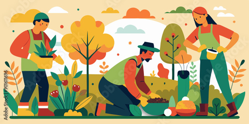  Un grupo de personas plantando y cuidando un jardín otoñal. Están plantando árboles y flores mientras trabajan en equipo, rodeados de naturaleza y colores otoñales.