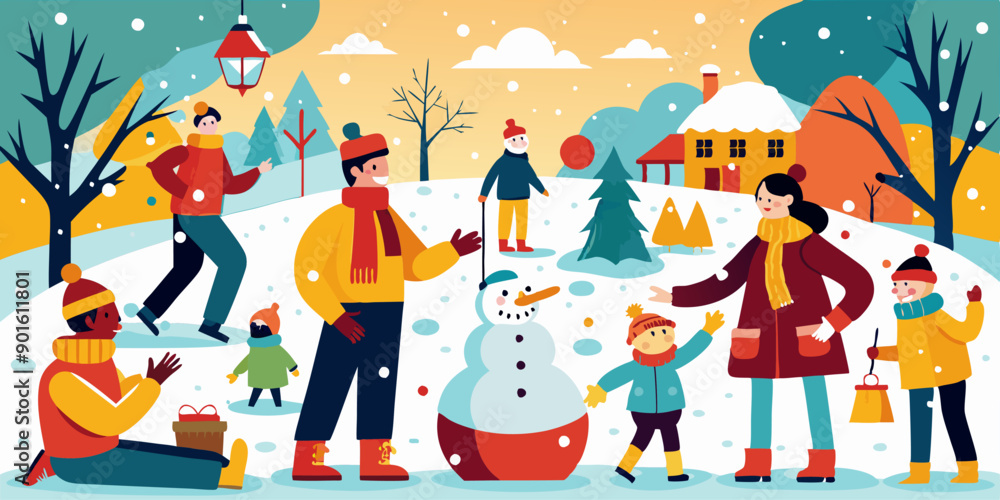 Naklejka premium Familia y amigos disfrutando de una mañana de invierno construyendo un muñeco de nieve en un parque cubierto de nieve, con árboles y casas en el fondo. La escena transmite alegría y diversión.