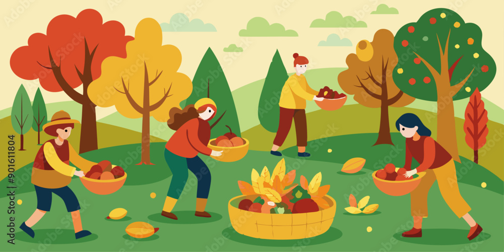 Fototapeta premium People gathering harvest in an orchard surrounded by trees with autumn foliage, placing fruits and vegetables in large baskets.