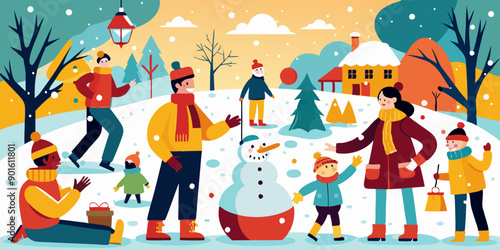 Familia y amigos disfrutando de una mañana de invierno construyendo un muñeco de nieve en un parque cubierto de nieve, con árboles y casas en el fondo. La escena transmite alegría y diversión.