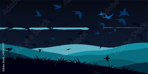 Aves volando bajo un cielo nocturno oscuro con colinas y sombras en el fondo. La escena transmite una sensación de calma y misterio en la naturaleza.