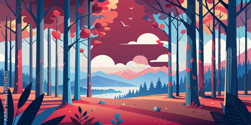 Paisaje otoñal ilustrado con un bosque de árboles altos, hojas rojas y naranjas cayendo, y una vista de montañas y un lago en el fondo. El cielo está parcialmente nublado, creando una atmósfera tranqu