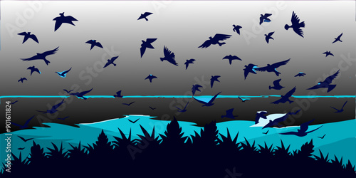 A large flock of birds silhouetted against a darkening sky, flying over a marshland with dense grass and distant water.