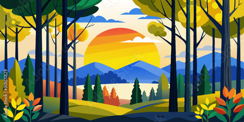  A vibrant sunset over a peaceful forest landscape, with tall trees framing a view of distant mountains and a colorful sky.