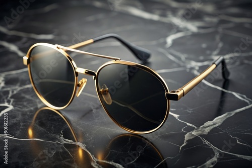 Luxurious gold sunglasses with dark lenses rest on a sleek black marble display, accentuated by golden veins, exuding sophistication and glamour in a minimalist setting. photo