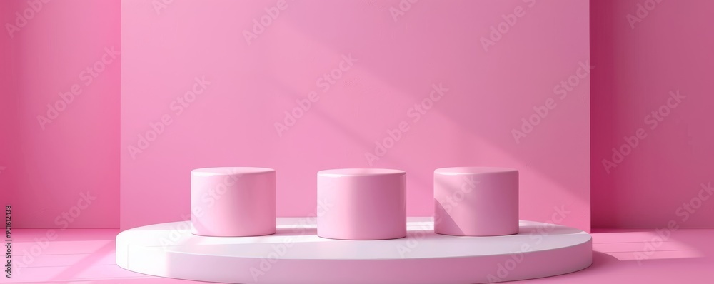 Three pink pedestals on pink background for product display in minimalist style Three pink pedestals on pink background for product display in minimalist style